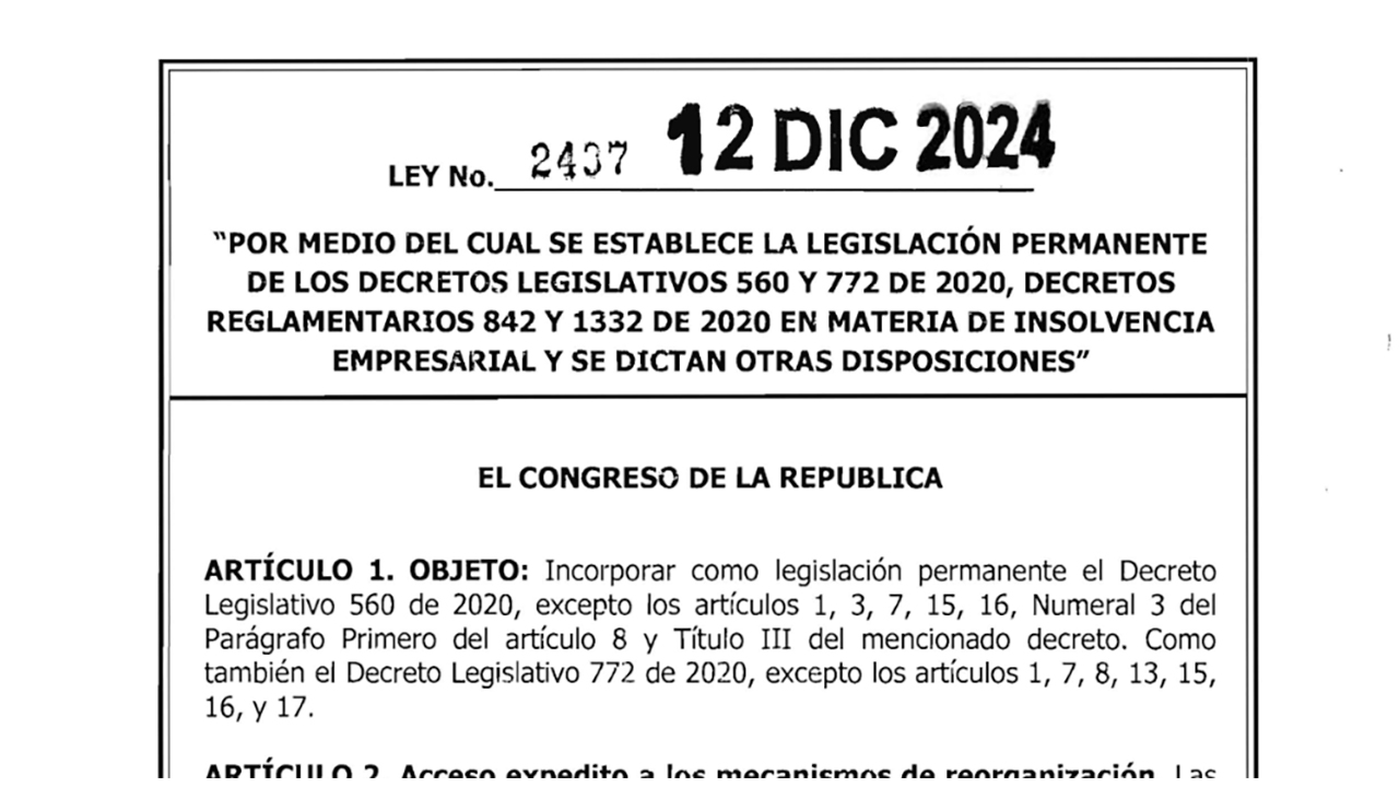 Sancionada la Ley 2437 de 2024, nuevo marco para la insolvencia empresarial en Colombia