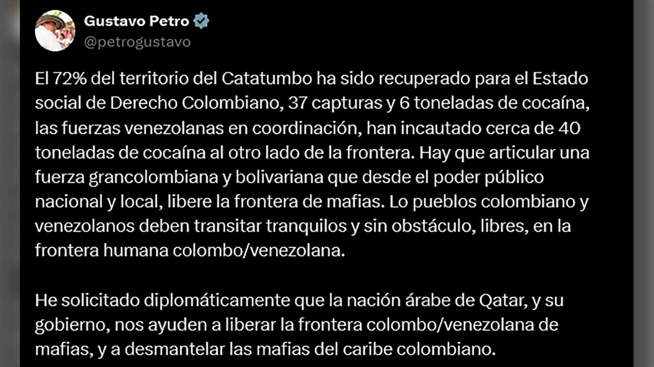 Publicación del presidente Gustavo Petro en la red X.